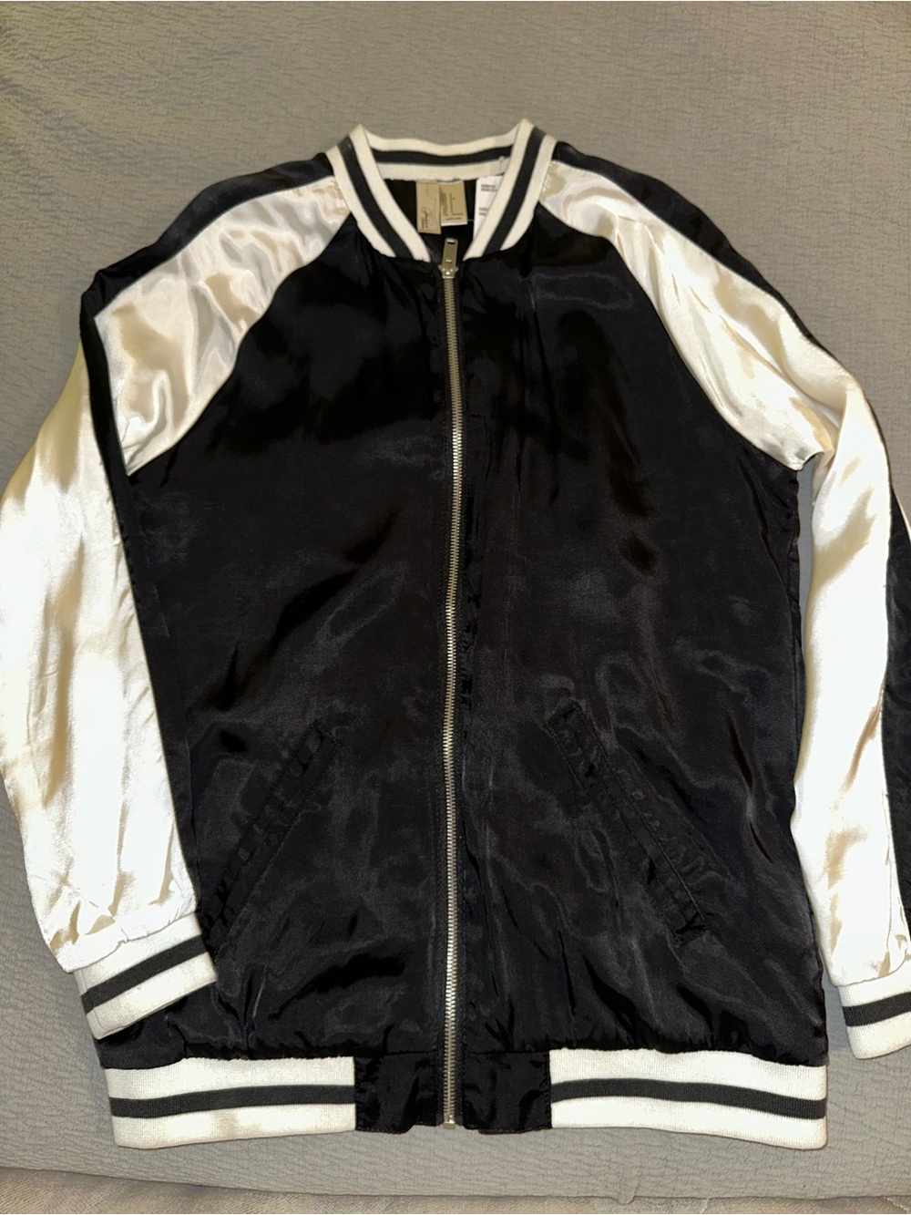 Black and White Satin Bomber Jacket
